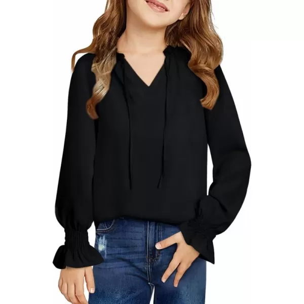 Girls Cute Long Sleeve Chiffon Blouses 2024 Casual V Neck Smocked Cuffs Shirts Tops 7-15 Years