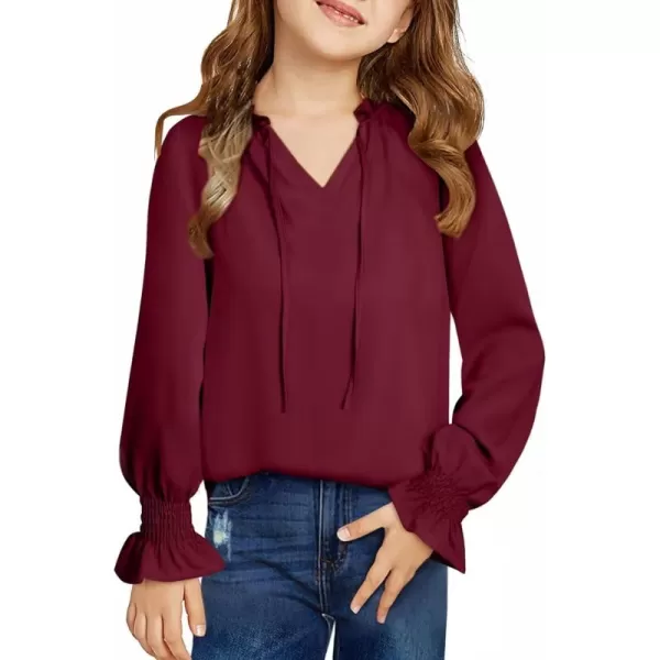 Girls Cute Long Sleeve Chiffon Blouses 2024 Casual V Neck Smocked Cuffs Shirts Tops 7-15 Years