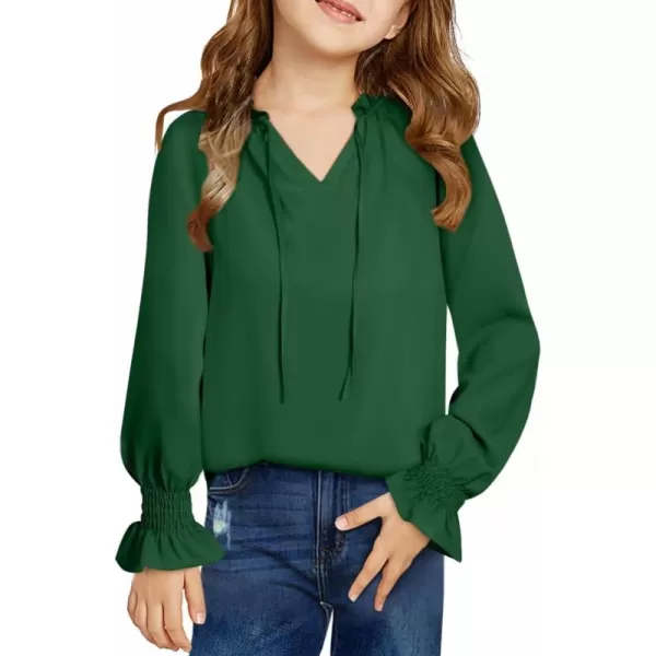 Girls Cute Long Sleeve Chiffon Blouses 2024 Casual V Neck Smocked Cuffs Shirts Tops 7-15 Years
