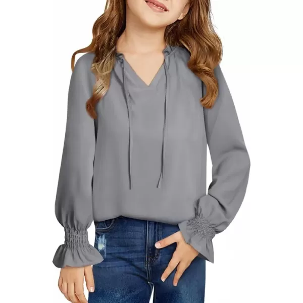 Girls Cute Long Sleeve Chiffon Blouses 2024 Casual V Neck Smocked Cuffs Shirts Tops 7-15 Years