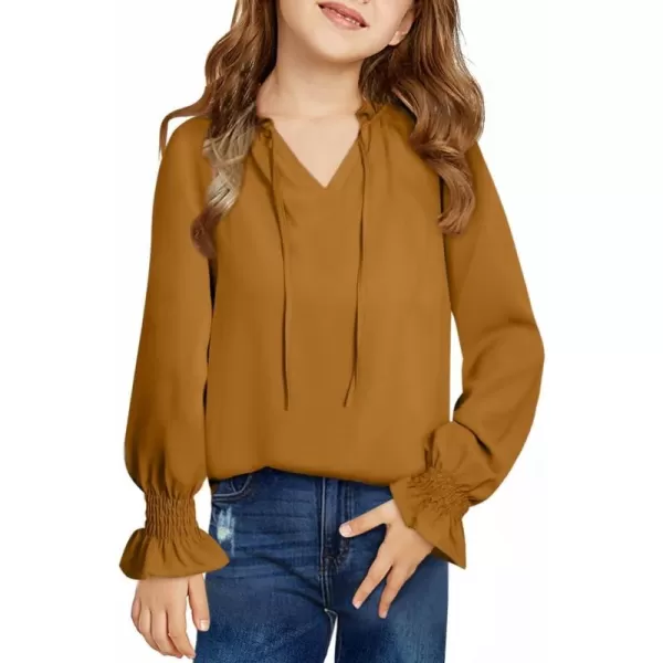 Girls Cute Long Sleeve Chiffon Blouses 2024 Casual V Neck Smocked Cuffs Shirts Tops 7-15 Years