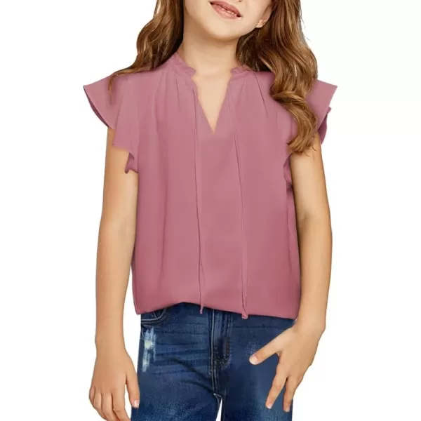 Girls Cute Ruffle Short Sleeve T Shirts Casual V Neck Chiffon Blouse Tops 6-15 Years