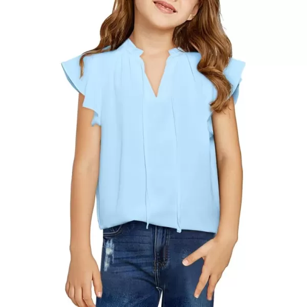 Girls Cute Ruffle Short Sleeve T Shirts Casual V Neck Chiffon Blouse Tops 6-15 Years