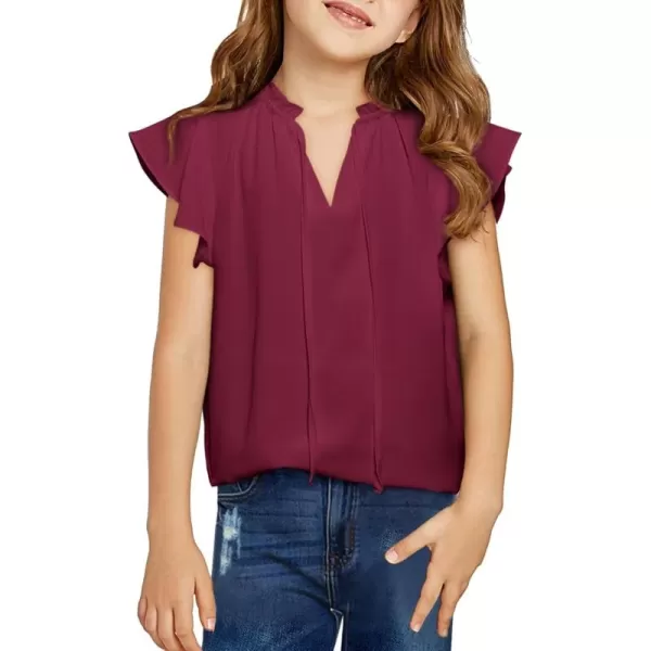 Girls Cute Ruffle Short Sleeve T Shirts Casual V Neck Chiffon Blouse Tops 6-15 Years
