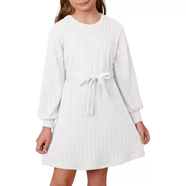 Girls Fall Long Sleeve Textured Dress Casual Crewneck Belted A Line Dresses 7-15 Years