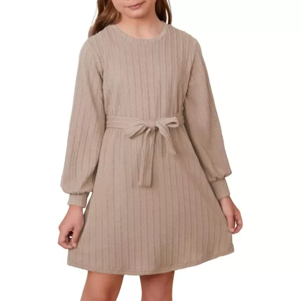 Girls Fall Long Sleeve Textured Dress Casual Crewneck Belted A Line Dresses 7-15 Years