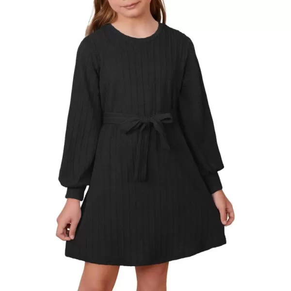 Girls Fall Long Sleeve Textured Dress Casual Crewneck Belted A Line Dresses 7-15 Years