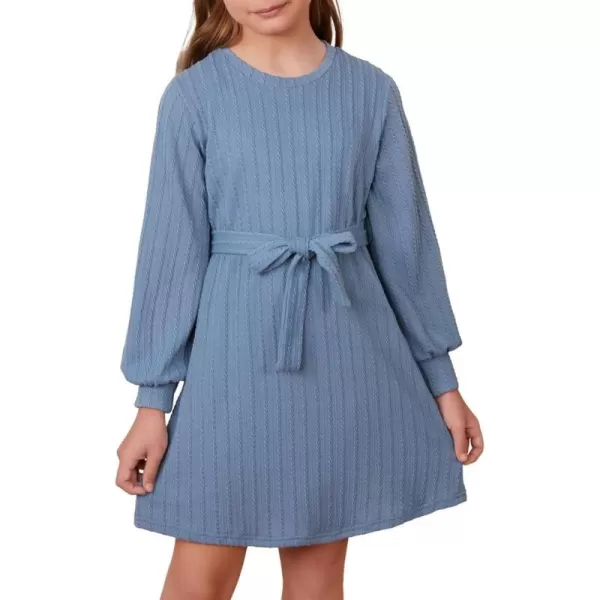 Girls Fall Long Sleeve Textured Dress Casual Crewneck Belted A Line Dresses 7-15 Years