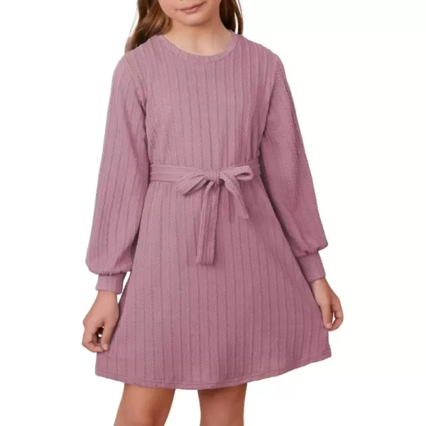 Girls Fall Long Sleeve Textured Dress Casual Crewneck Belted A Line Dresses 7-15 Years