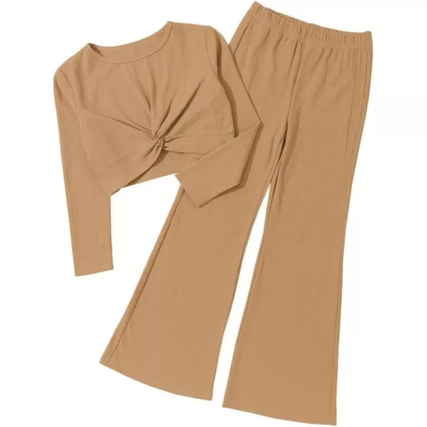 Girls' Fashion 2 Piece Outfits Fall Long Sleeve Twist Crop Tops and Flare Bell Bottom Pants Set