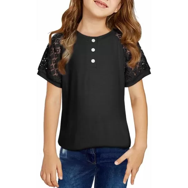 Girls Fashion Lace Short Sleeve Shirts Casual Button Crewneck Blouses Tops 6-15 Years