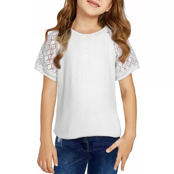 Girls Fashion Lace Short Sleeve Shirts Casual Button Crewneck Blouses Tops 6-15 Years