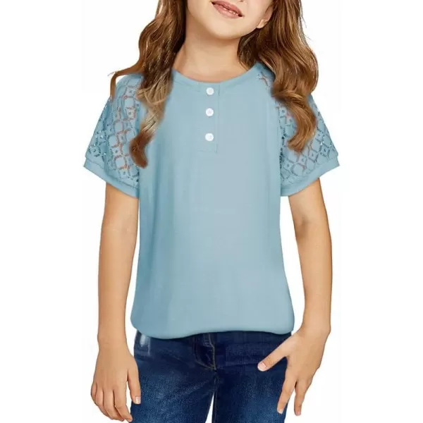 Girls Fashion Lace Short Sleeve Shirts Casual Button Crewneck Blouses Tops 6-15 Years