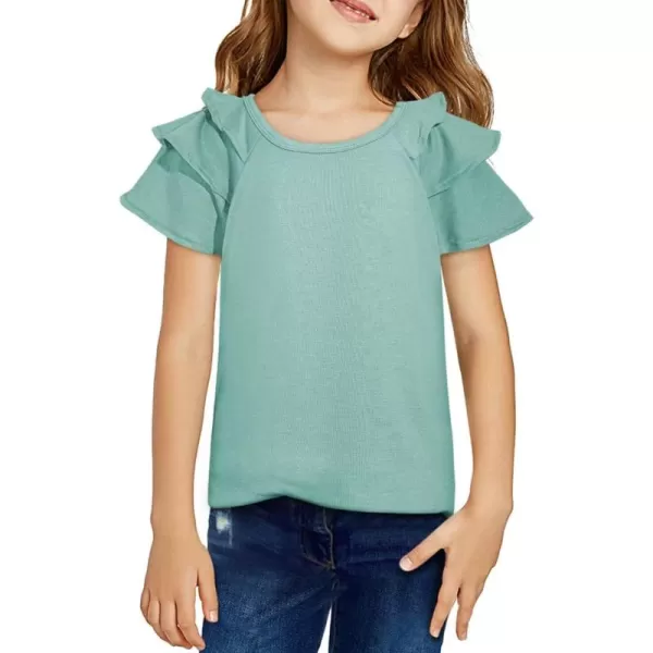 Girls Ruffle Sleeve Shirts Summer Cute Crewneck Blouse Tops 6-15 Years