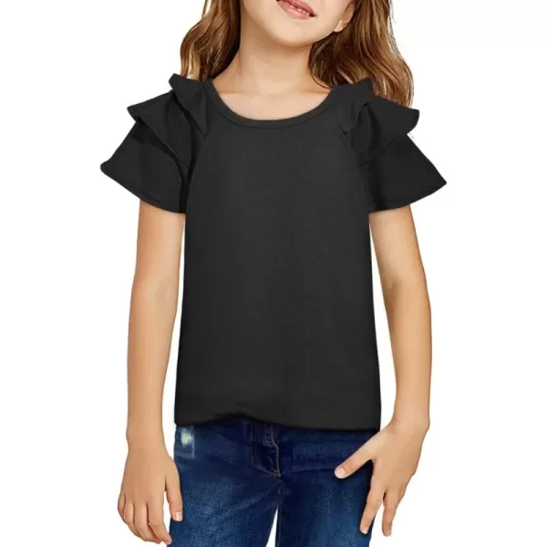 Girls Ruffle Sleeve Shirts Summer Cute Crewneck Blouse Tops 6-15 Years