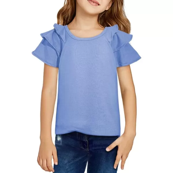 Girls Ruffle Sleeve Shirts Summer Cute Crewneck Blouse Tops 6-15 Years