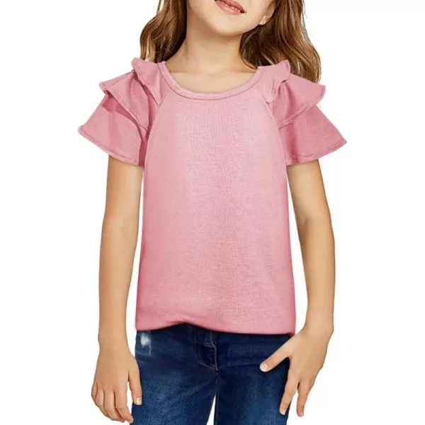 Girls Ruffle Sleeve Shirts Summer Cute Crewneck Blouse Tops 6-15 Years