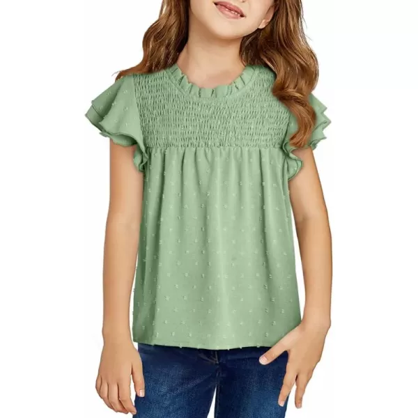 Girls Shirts Pleated Crewneck Ruffled Short Sleeve Tops Cute Swiss Dot Blouse