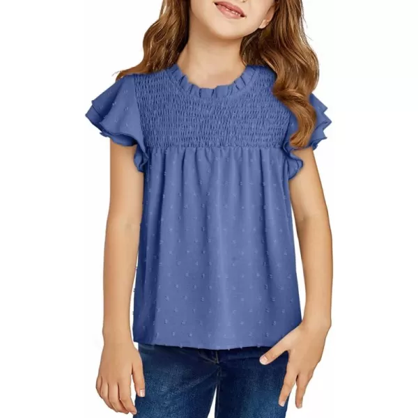 Girls Shirts Pleated Crewneck Ruffled Short Sleeve Tops Cute Swiss Dot Blouse