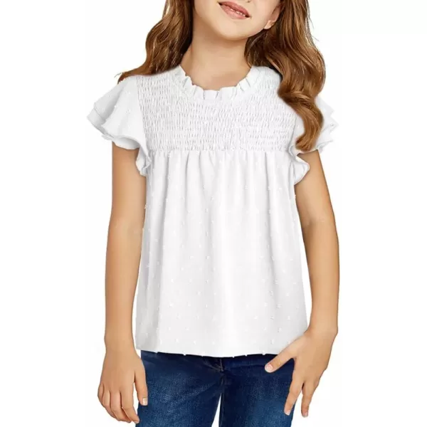 Girls Shirts Pleated Crewneck Ruffled Short Sleeve Tops Cute Swiss Dot Blouse