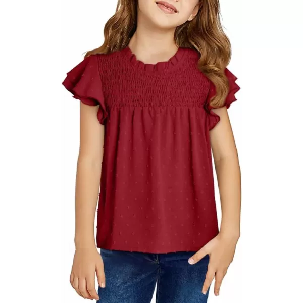 Girls Shirts Pleated Crewneck Ruffled Short Sleeve Tops Cute Swiss Dot Blouse