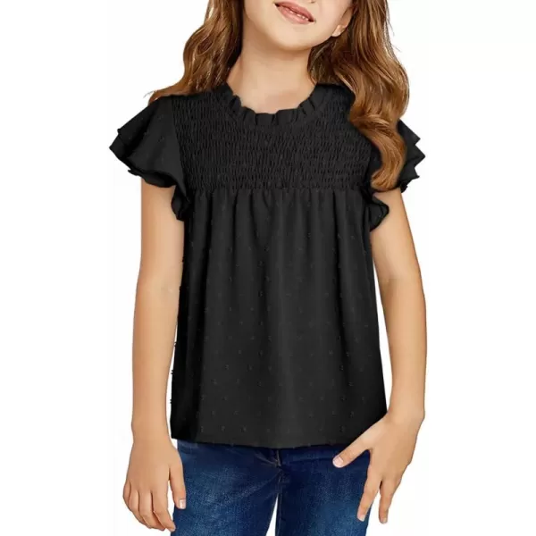 Girls Shirts Pleated Crewneck Ruffled Short Sleeve Tops Cute Swiss Dot Blouse