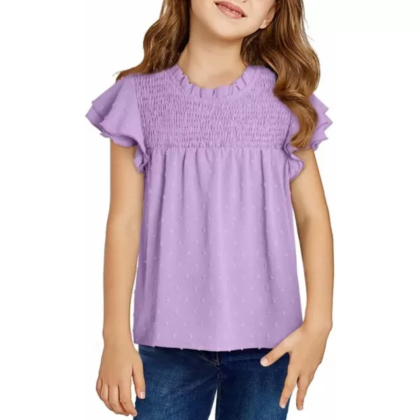 Girls Shirts Pleated Crewneck Ruffled Short Sleeve Tops Cute Swiss Dot Blouse