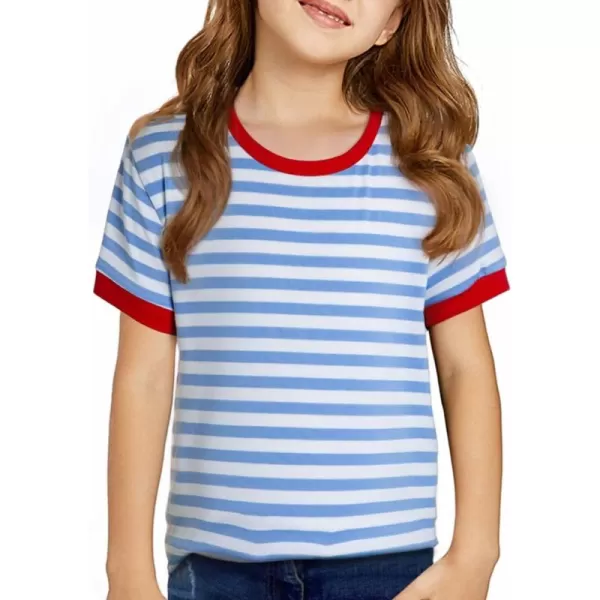 Girls Striped Color Block Short Sleeve T Shirts Casual Crewneck Summer Cute Tee Tops 4-13 Years