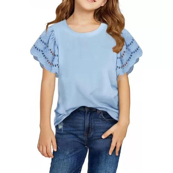 Girls Summer Shirts Crewneck Ruffled Short Sleeve Blouse Tops Size 6-15 Years