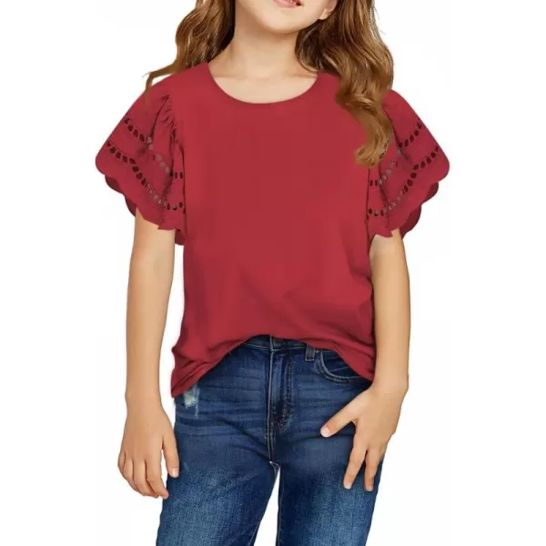 Girls Summer Shirts Crewneck Ruffled Short Sleeve Blouse Tops Size 6-15 Years