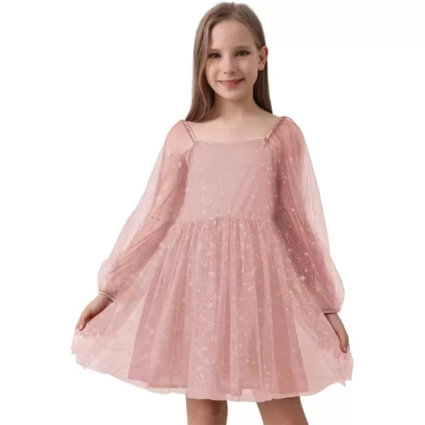 Girls Tulle Dress Sheer Mesh Puff Long Sleeve Star Overlay A Line Dress