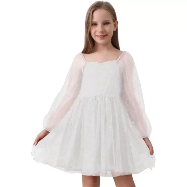 Girls Tulle Dress Sheer Mesh Puff Long Sleeve Star Overlay A Line Dress