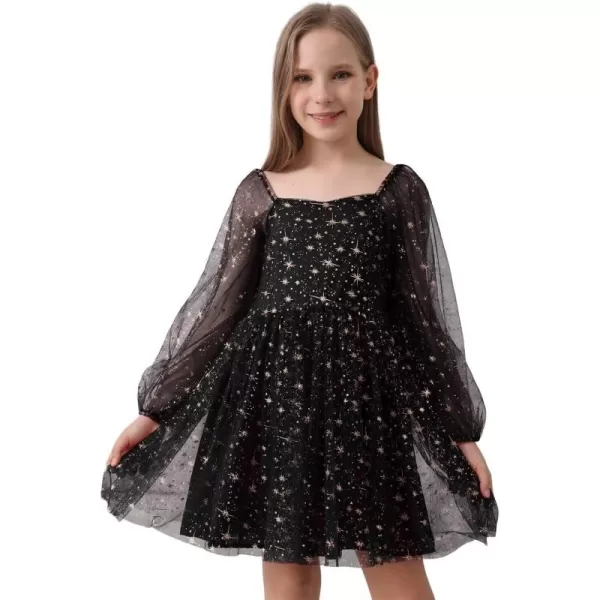 Girls Tulle Dress Sheer Mesh Puff Long Sleeve Star Overlay A Line Dress
