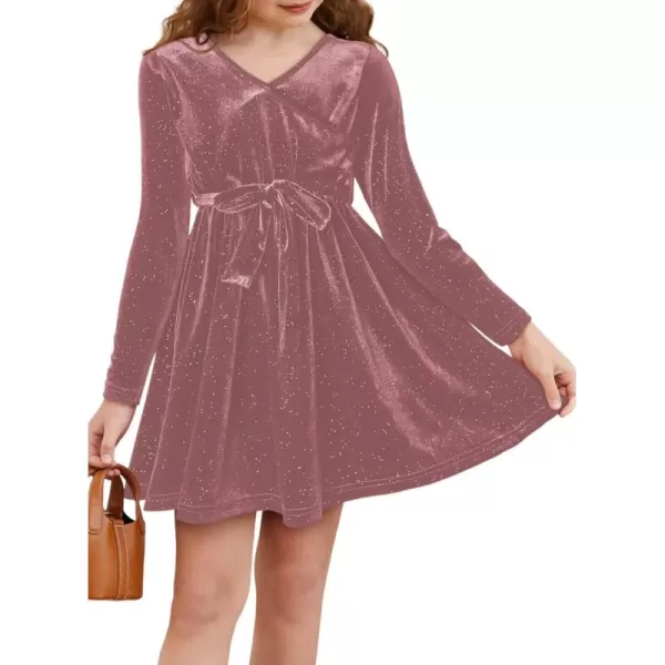 Girls Wrap V Neck Velvet Dress Long Sleeve Sequin Party Dresses with Belt