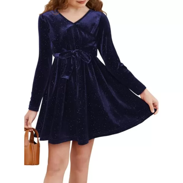 Girls Wrap V Neck Velvet Dress Long Sleeve Sequin Party Dresses with Belt
