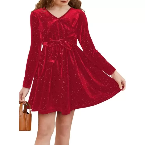 Girls Wrap V Neck Velvet Dress Long Sleeve Sequin Party Dresses with Belt