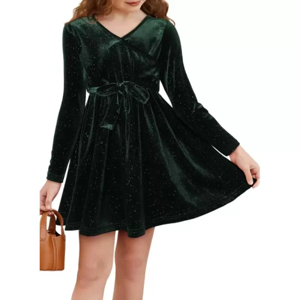 Girls Wrap V Neck Velvet Dress Long Sleeve Sequin Party Dresses with Belt