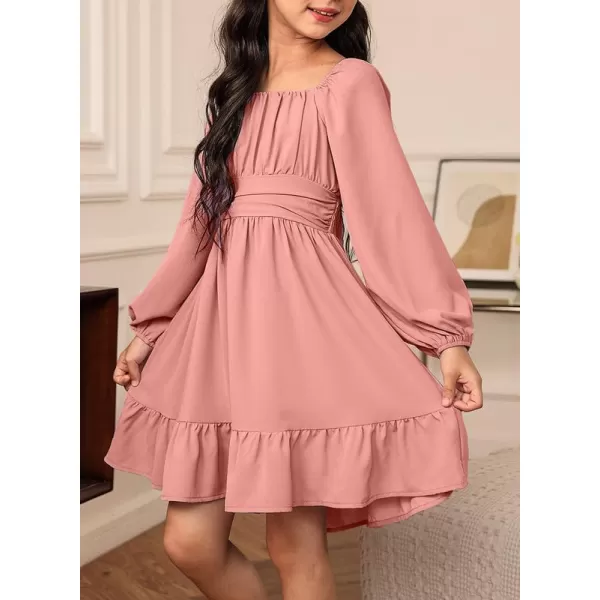 Girls Casual Long Sleeve Ruffle Hem Tie Back Off Shoulder Dresses 4-15 Years