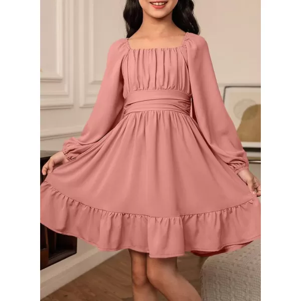 Girls Casual Long Sleeve Ruffle Hem Tie Back Off Shoulder Dresses 4-15 Years