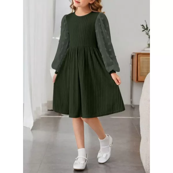 Girls Fall Long Sleeve Knit Dresses Casual Crewneck Swiss Dot A-line Dress 6-15 Years