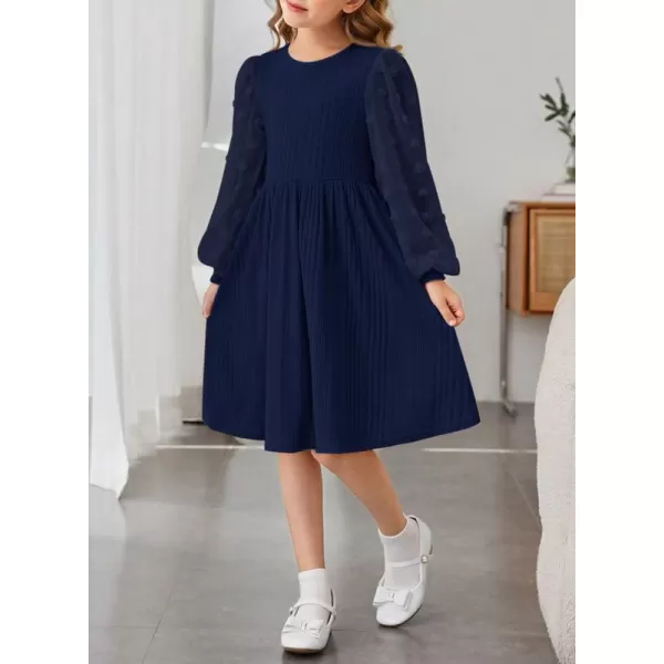 Girls Fall Long Sleeve Knit Dresses Casual Crewneck Swiss Dot A-line Dress 6-15 Years
