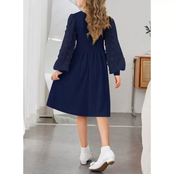 Girls Fall Long Sleeve Knit Dresses Casual Crewneck Swiss Dot A-line Dress 6-15 Years