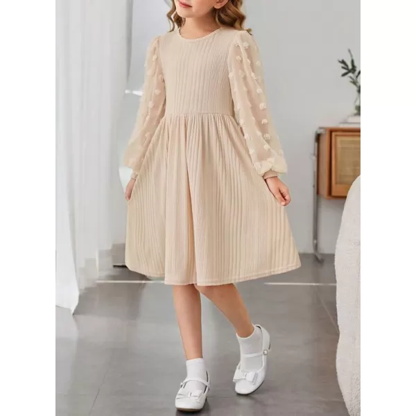 Girls Fall Long Sleeve Knit Dresses Casual Crewneck Swiss Dot A-line Dress 6-15 Years