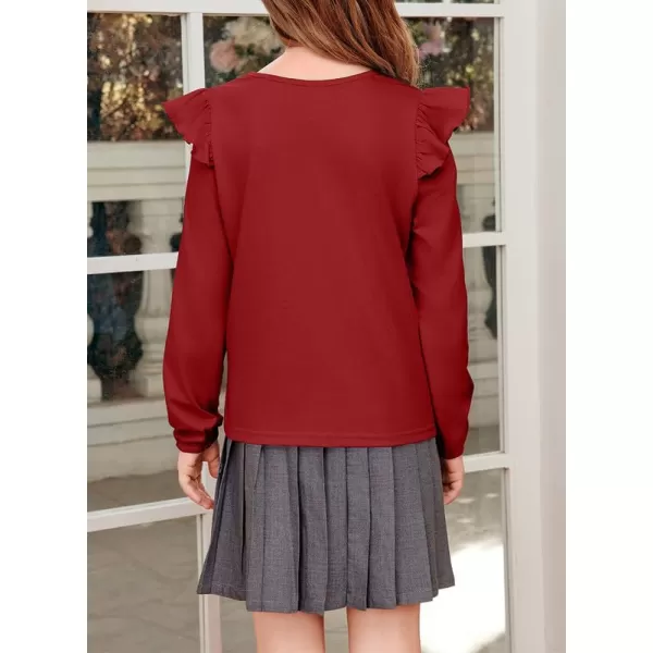Girls Long Sleeve Shirts Casual Ruffle Trim Crewneck Blouse Tops 6-15 Years