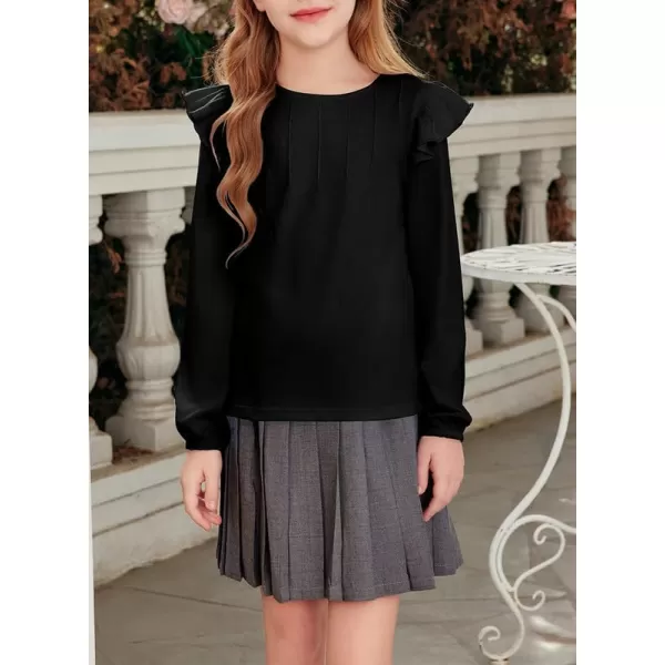 Girls Long Sleeve Shirts Casual Ruffle Trim Crewneck Blouse Tops 6-15 Years