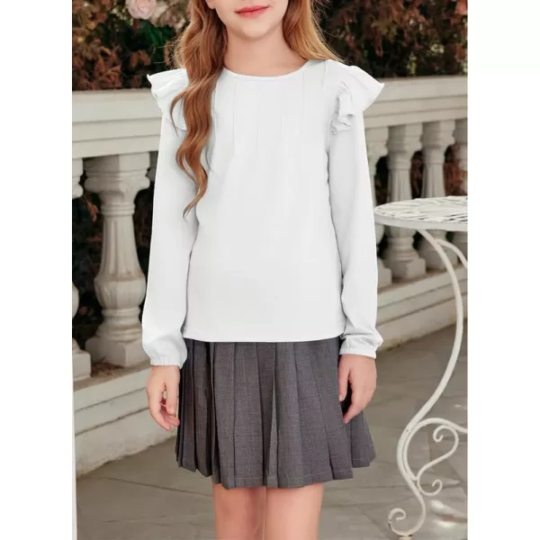 Girls Long Sleeve Shirts Casual Ruffle Trim Crewneck Blouse Tops 6-15 Years