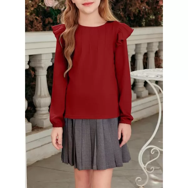 Girls Long Sleeve Shirts Casual Ruffle Trim Crewneck Blouse Tops 6-15 Years