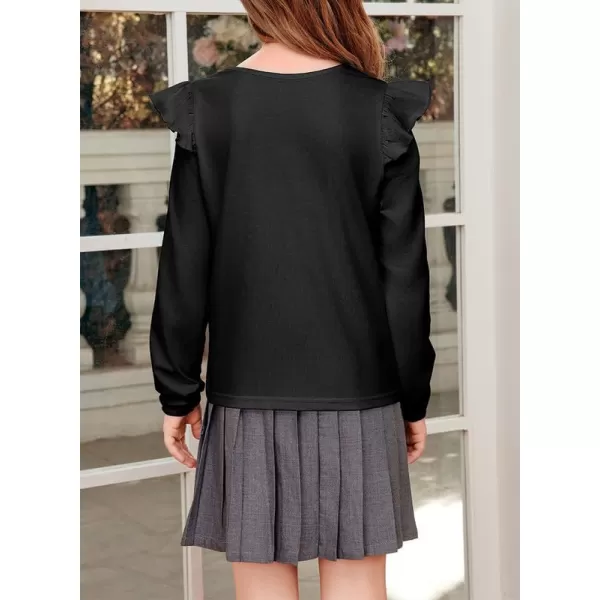 Girls Long Sleeve Shirts Casual Ruffle Trim Crewneck Blouse Tops 6-15 Years