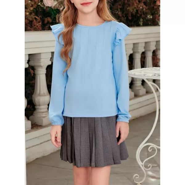 Girls Long Sleeve Shirts Casual Ruffle Trim Crewneck Blouse Tops 6-15 Years