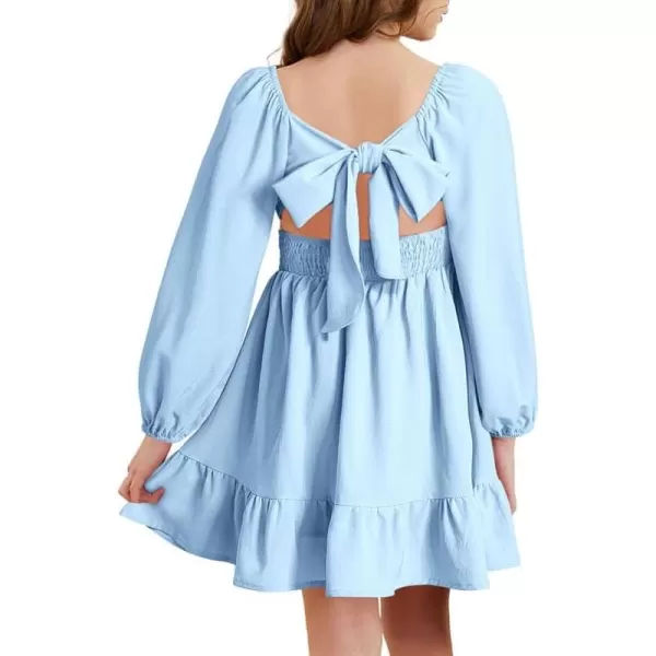 Girls Casual Long Sleeve Ruffle Hem Tie Back Off Shoulder Dresses 4-15 Years